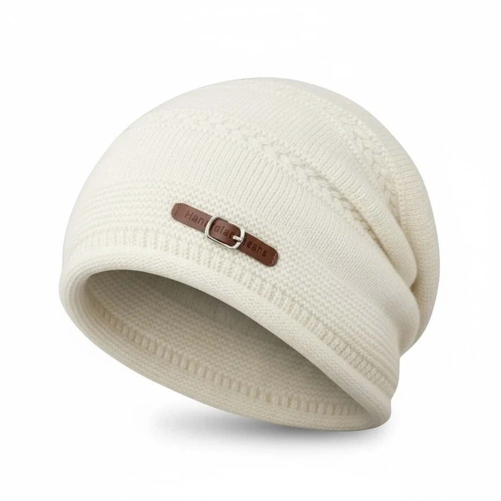 Slouchy Stretchy Winter Cozy Cream‎ Buckle Beanie Knit Hat OS Thick Soft Lined